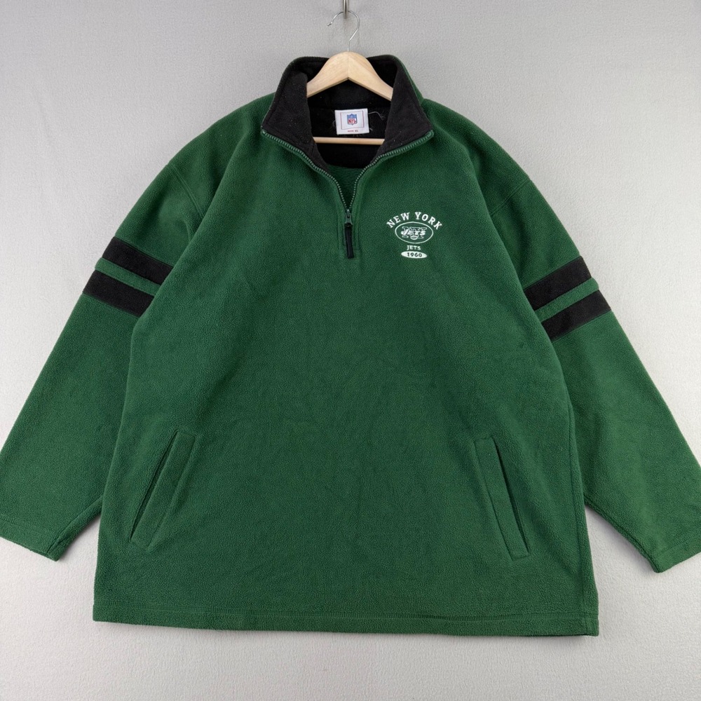 VTG NFL New York Jets Pullover Men XL Green 1/4 Zip Fleece Striped Sleeve Logo